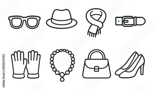 Monochrome accessories illustration featuring hat, necklace, shoes, and more