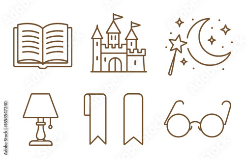 Vintage magic symbols: book, castle, wand, moon, lamp, scroll, glasses icons