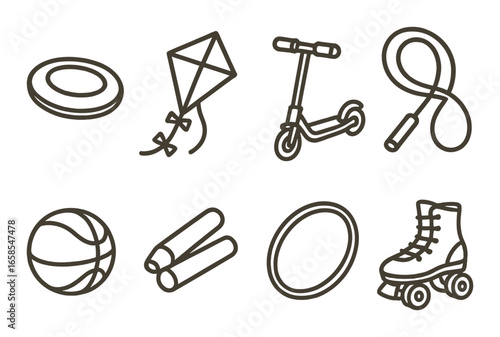 Outline icons of frisbee kite scooter jump rope basketball skates and more on brown background