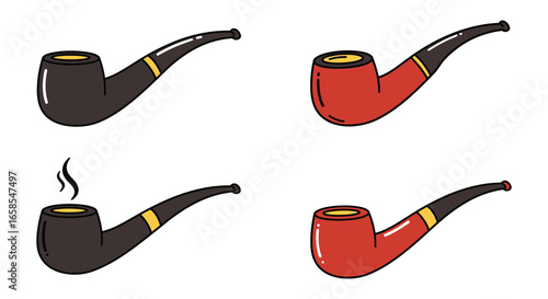 Four different views of a classic smoking pipe in simple line drawing style