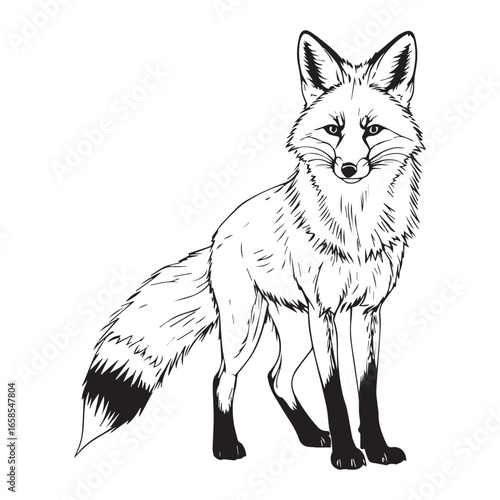 Vector art of a detailed black and white line drawing of a fox standing on a, showcasing its fur texture, bushy tail, and alert ears
