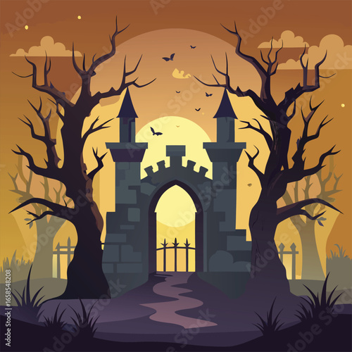Dark Ruined Castle Gate With Spooky Trees