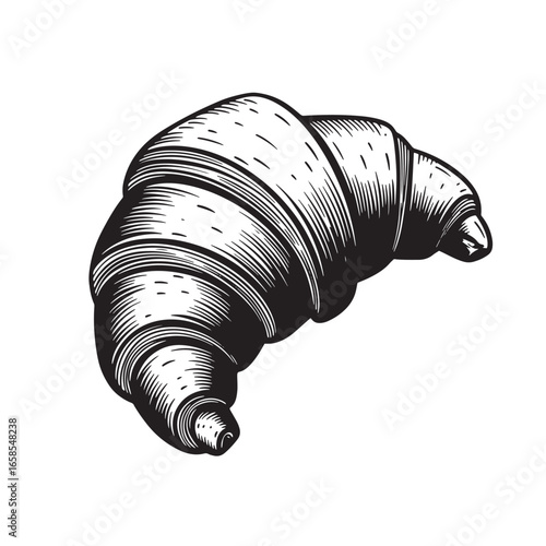 Detailed vintage style illustration of a delicious freshly baked croissant on a white background