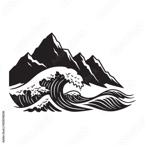 Dramatic black and white illustration of ocean waves crashing against majestic mountain peaks.