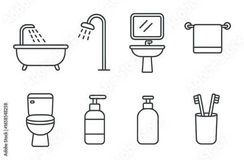 Bathroom icon set featuring bathtub, shower, sink, towel, toilet, soap dispenser, toothbrush holder