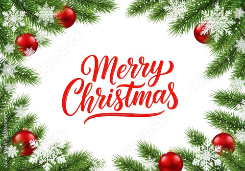 Merry christmas frame isolated on transparent background, featuring festive fir branches, ornaments, and snowflakes for a joyful holiday greeting card design