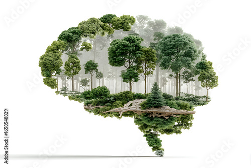 Think Green- human brain with green trees. World environment day and nature conservation day background. Green mental health concept isolated on white background. Generative AI.