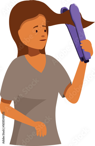 Young woman using a hair straightener, creating a sleek and stylish look as part of her beauty routine