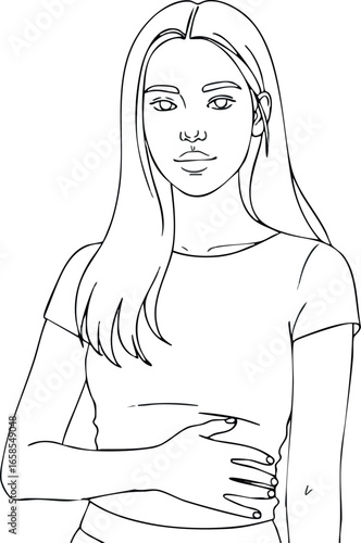 Young woman holding stomach line art vector illustration in portrait orientation 