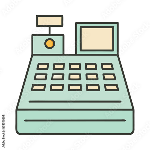 Simple flat design of a vintage cash register with a display screen and keyboard machine retro