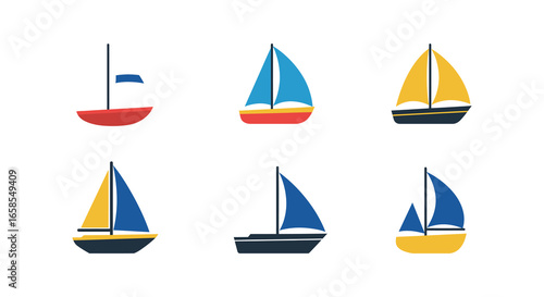 A collection of colorful sailboats with various sail designs on water