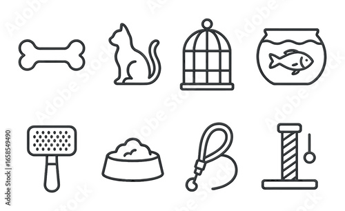 Outline icons of pet supplies: cat, fish, birdcage, bone, food, leash, scratcher
