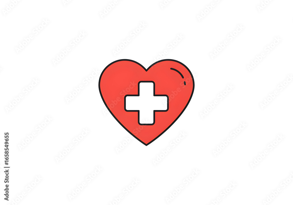 Fototapeta premium Vibrant red heart with a white medical cross symbolizing health, wellness, and care, perfect for healthcare and life insurance promotions.