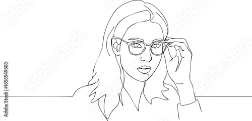 Woman adjusting eyeglasses line art continuous one line drawing vector illustration 