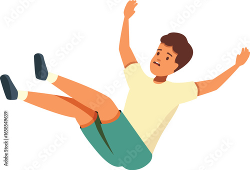 Scared young man falling down with arms raised, experiencing a sudden and unexpected drop, depicting concepts of accident, fear, and loss of control