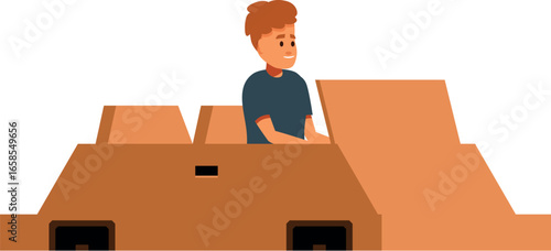 Child enjoying playtime in handmade cardboard car, fostering creativity and imagination