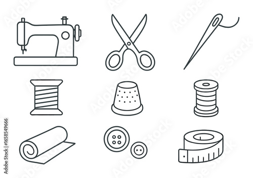 Sewing tools collection: machine, scissors, needle, thread, thimble, buttons, tape measure