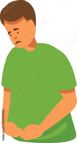 Young boy suffering from abdominal pain, holding his belly with his hands