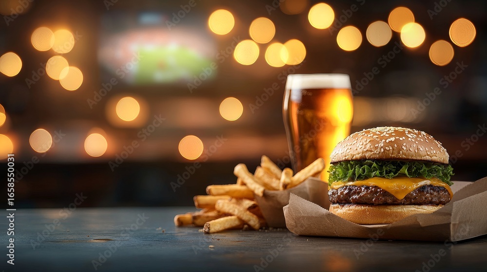 Obraz premium Delicious burger and beer pairing cozy bar food photography warm atmosphere close-up view gastronomic delight