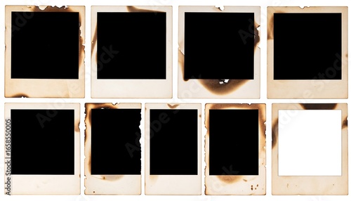 Nine burned, vintage photo frames