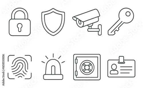 Security icons set featuring lock, shield, camera, key, fingerprint, alarm, safe, id card