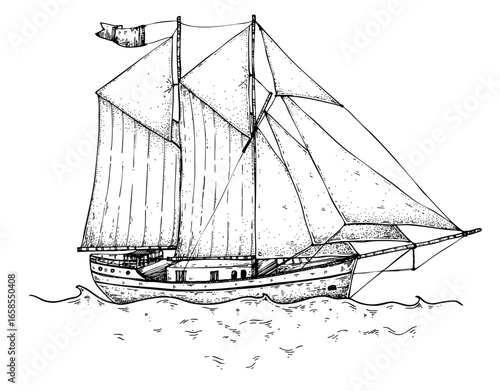 Frigate sketch. Hand drawn vector illustration. Black and white. Engraving style