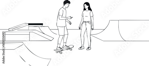 Young couple roller skating at skate park outline vector illustration black and white 