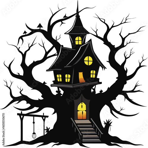 Haunted Treehouse With Twisted Branches