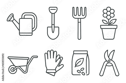 Gardening tools set: watering can, shovel, rake, flower pot, wheelbarrow, gloves, fertilizer, pruning shears