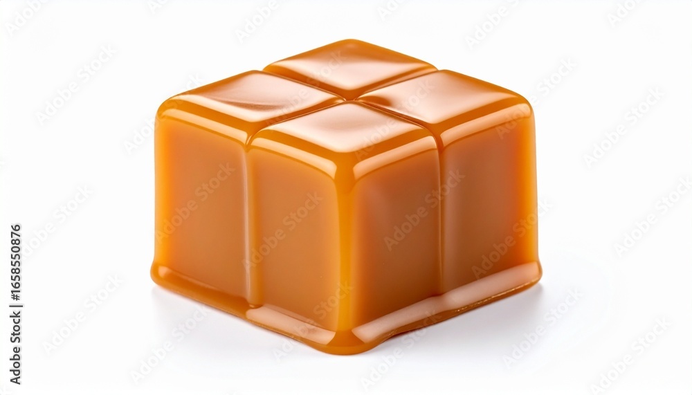 Fototapeta premium Glossy golden-brown caramel cube with smooth texture and subtle ridges on white background.