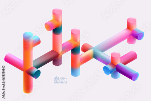 Multicolored 3D cylinders. Glass iridescent geometric shape. Abstract composition of colorful pipes.