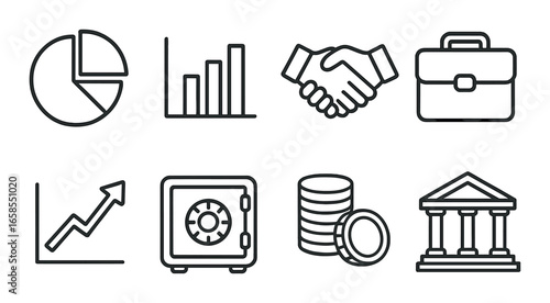 Financial icons set depicting graphs, handshake, briefcase, arrow, safe, coins, and bank