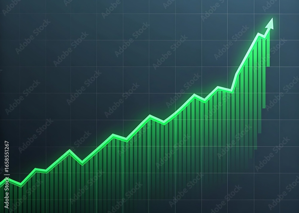 Green business graph chart shows growth and success in finance market with arrow diagram, investment data, and statistics report for economy trend and financial concept Green business graph chart shows growth and success in finance market with arrow diagram, investment data, and statistics report for economy trend and financial concept