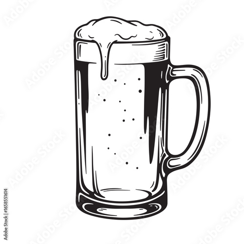 Hand drawn illustration of a refreshing beer mug with overflowing foam and bubbles