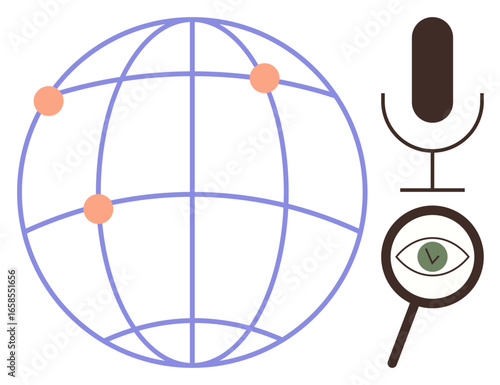 Globe with network connections, microphone for communication, magnifier with eye symbolizing search. Ideal for technology, globalization, data sharing, podcasts, media, internet research concepts