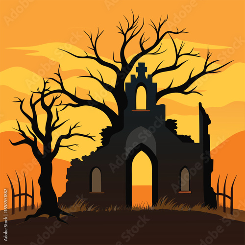 Old Haunted Prison Ruins With Dry Tree
