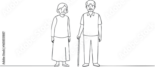 Elderly couple standing together in minimalist line art style 