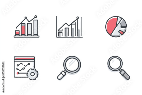 Business analytics and data analysis icons for presentations and dashboards representing key performance indicators and process management