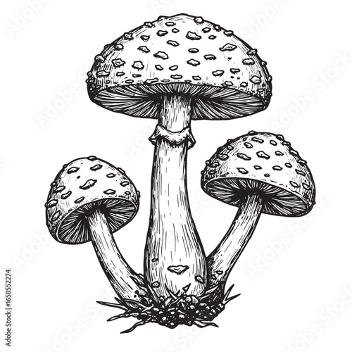 Intricate hand drawn illustration of three detailed amanita mushroom specimens isolated on white