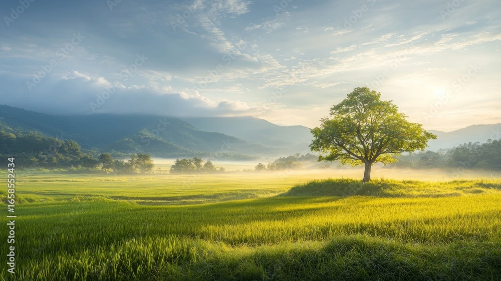 Obraz premium Peaceful sunrise over lush green fields and majestic mountains nature scene tranquil environment serene viewpoint