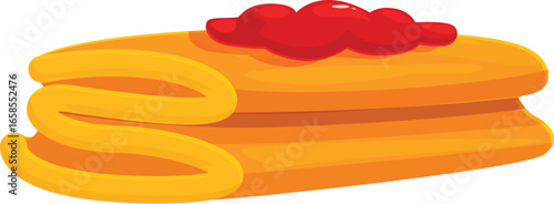 Two folded pancakes forming an s shape with red jam on top, isolated on a white background