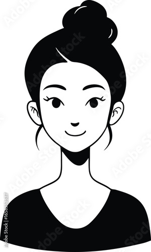 Simple black and white illustration of a woman with her hair in a bun