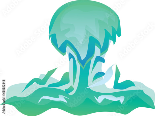 Vibrant, stylized toxic mushroom cloud rises from a contaminated area, symbolizing pollution and environmental damage