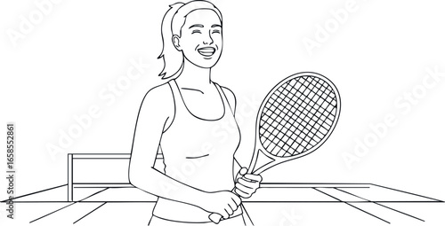 Female tennis player holding racket on court outline vector illustration 