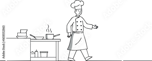 Chef walking in kitchen cooking food preparation vector illustration simple line art 