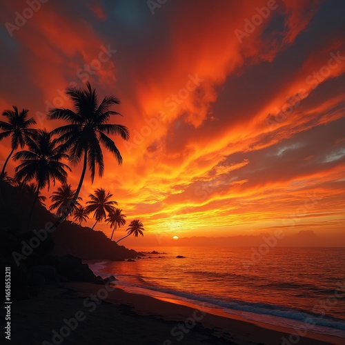 Vibrant orange, red dawn sky over ocean coast. Silhouettes of palm trees line shore. Soft light creates tranquil, peaceful atmosphere with sunlit reflections on water. Tropical paradise beach scene.