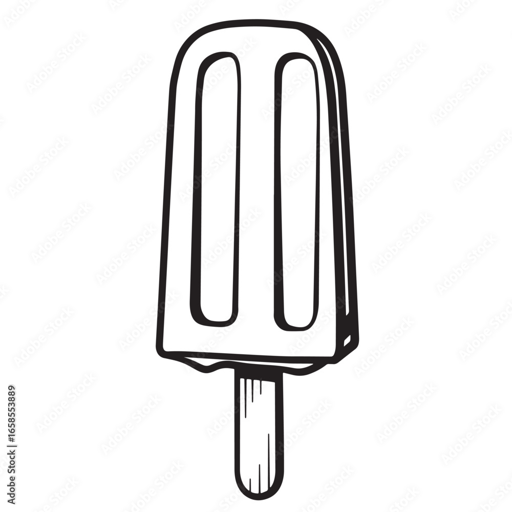 Simple black and white illustration of a classic popsicle on a wooden stick Simple black and white illustration of a classic popsicle on a wooden stick