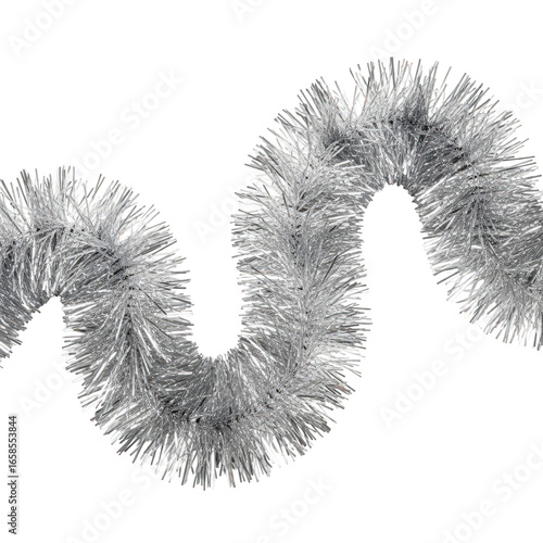 Shiny silver tinsel garland for holiday decoration isolated on transparent background