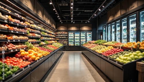 Fototapeta Naklejka Na Ścianę i Meble -  Contemporary grocery store, clean aisles stocked with fresh produce, packaged goods. Vibrant fruits, vegetables fill shelves under modern lighting. Organized retail space offers convenient shopping
