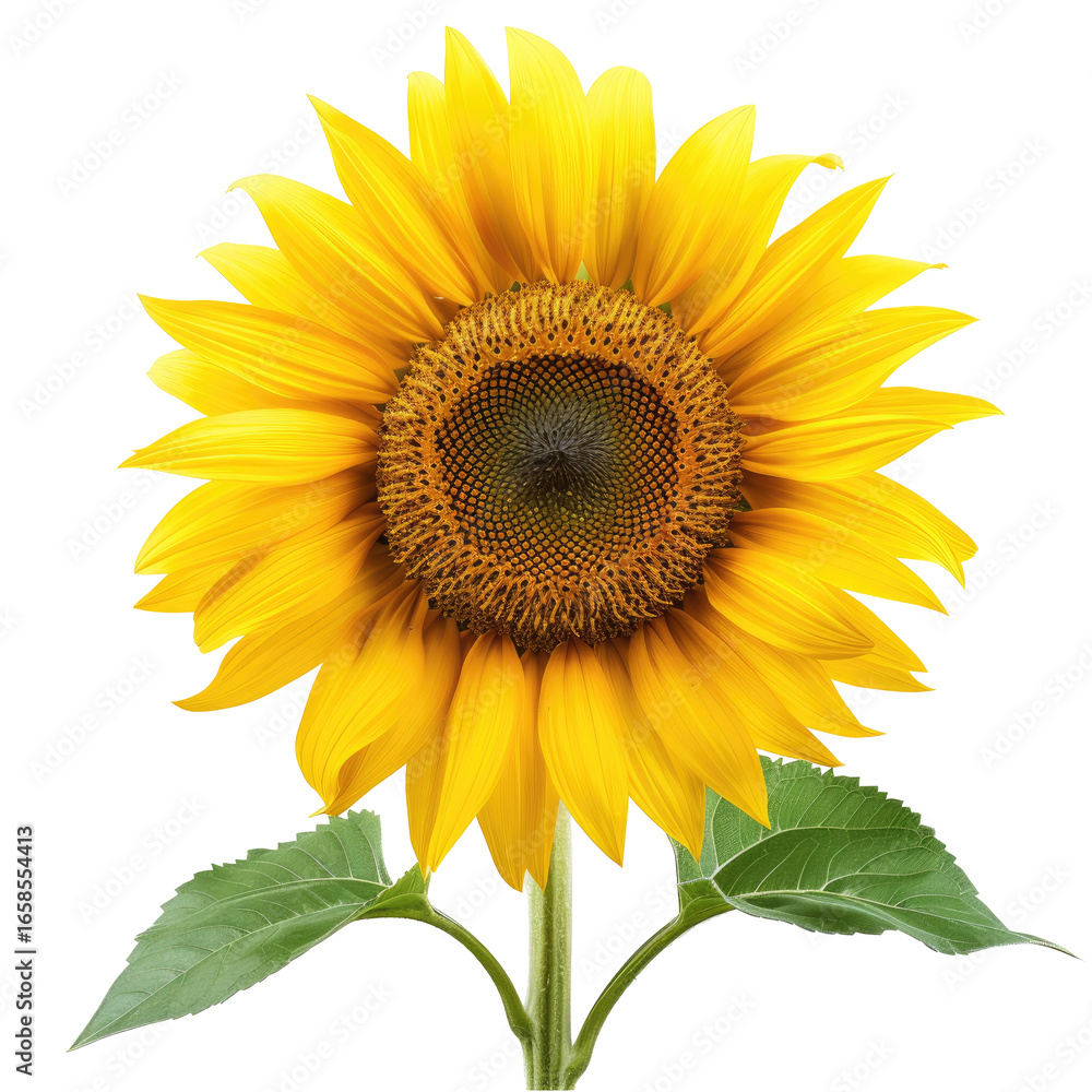 Fototapeta premium and keyword list.. Bright Sunflower Blooming with Leaves in Garden on a Clear Day.